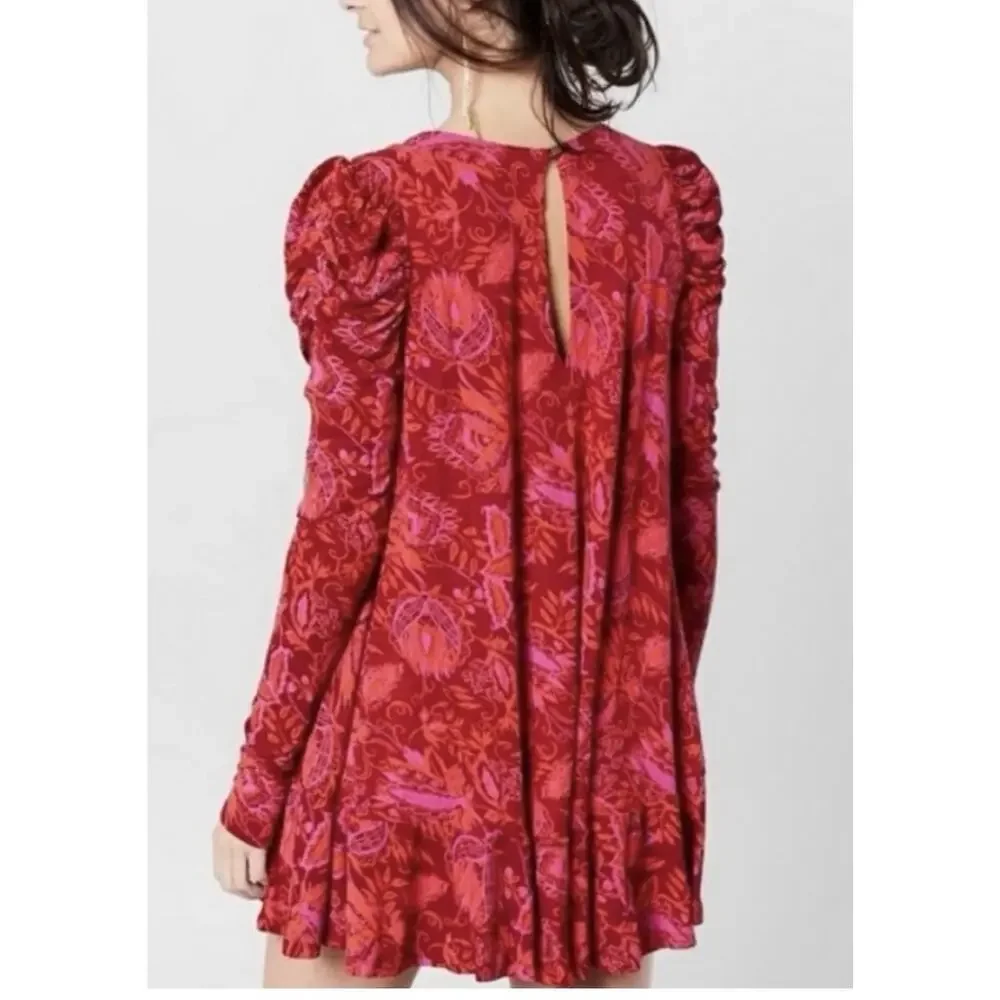 Free People Hello Lover Tunic Top XS Scarlet Combo Red V-Neck Puff Sleeve Boho